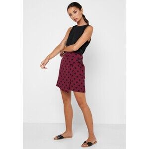 MNG Mango NEW Burgundy Black Polka Dot Faux Wrap Mini Skirt XS